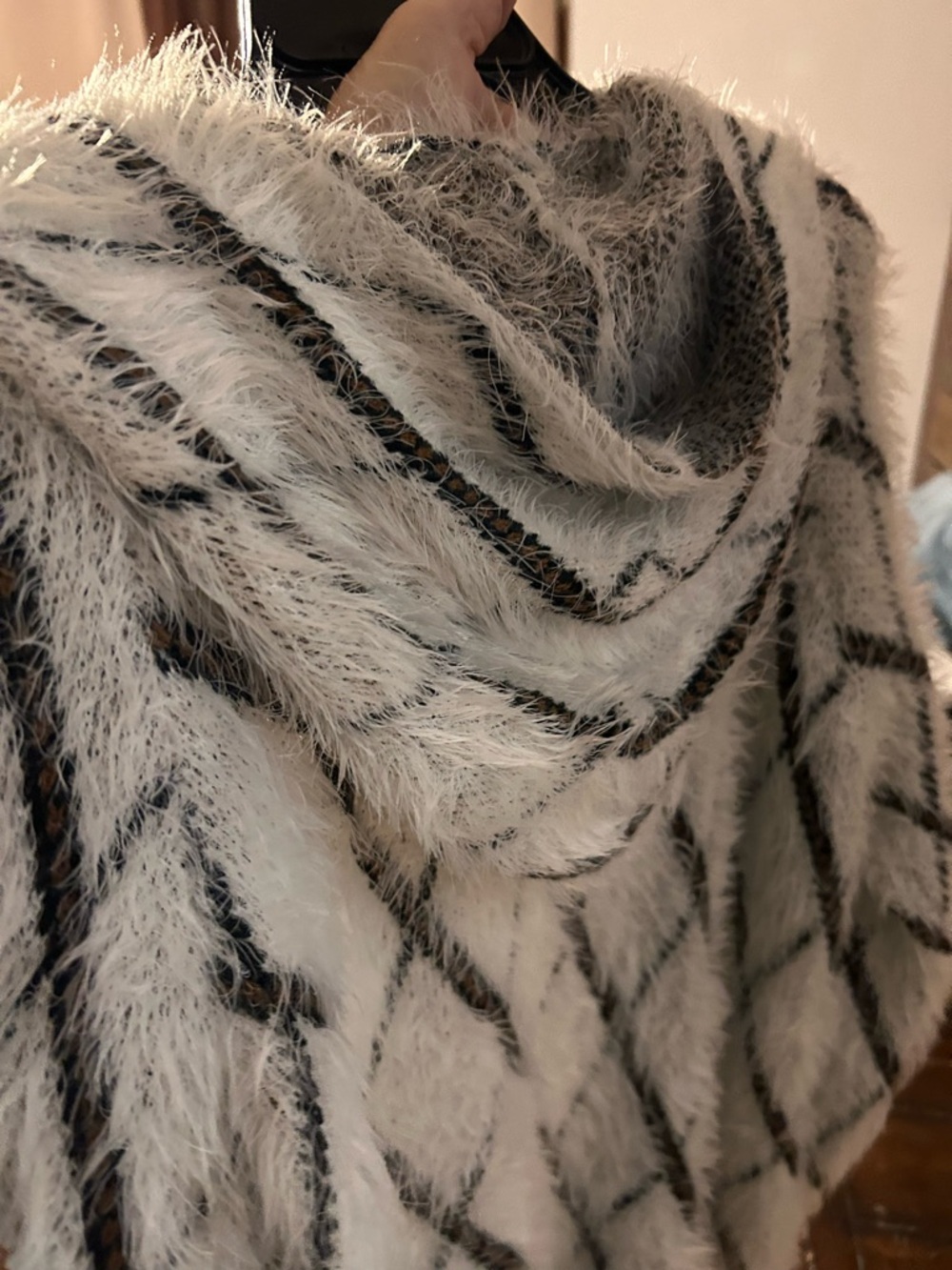 Olivers Cream Fuzzy Open-Front Cardigan with Black Diamond Stripes - Picture 4 of 4